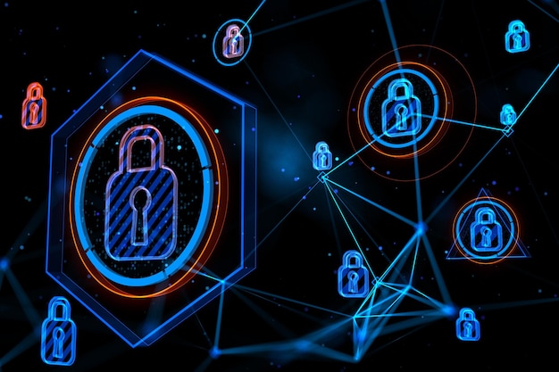 Abstract glowing connected digital padlock hologram on dark background Computer safety and secure concept 3D Rendering