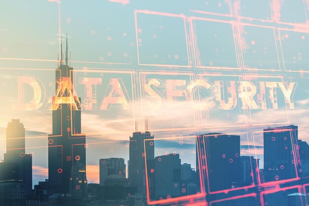 Abstract glowing cubes data security text hologram on blurry\
city background technology protection abstract world and\
information concept double exposure