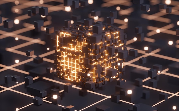 Abstract glowing cubes and lines circuits and materials 3d rendering