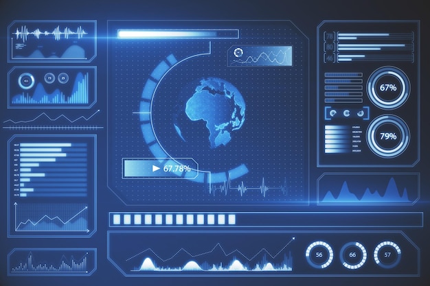 Абстрактный светящийся цифровой фон интерфейса бизнес-экрана с глобусом и диаграммами Spy hud и концепция мира 3D Rendering