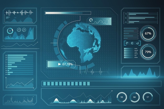 Абстрактный светящийся фон интерфейса цифрового бизнес-экрана с глобусом и диаграммами Spy hud и мировая концепция 3D рендеринга