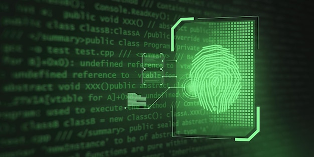 暗背景上的抽象發光的指紋界面與編碼語言 安全和生物測量概念 3D染