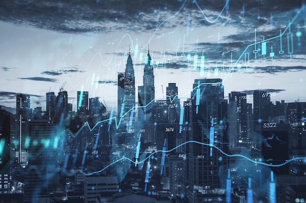 Абстрактная светящаяся голограмма графика форекс с картой размытого города на фоне зданий Фондовый рынок и инвестиционная концепция Двойная экспозиция