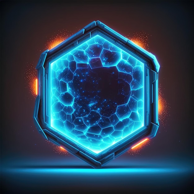 Abstract of glowing futuristic hexagon frame illuminated with neon blue in game