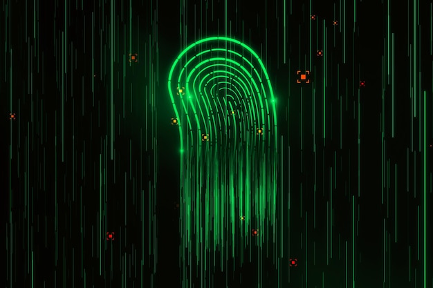 Abstract glowing green fingerprint hologram on dark background Forensics and ID concept 3D Rendering