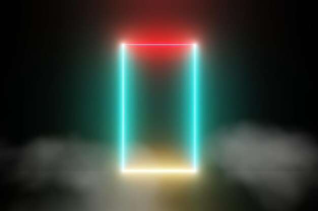 写真 抽象的な輝くネオンの光のドア煙の背景を持つ幻想的な暗いスタジオ ルーム 3 d レンダリング