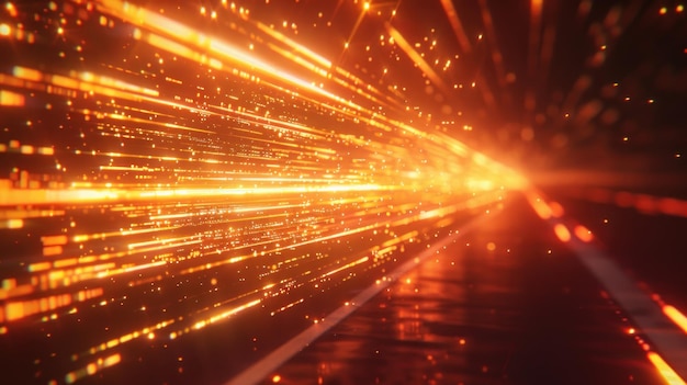 abstract glowing orange streaks and particles in motion resembling a futuristic highway or data stream