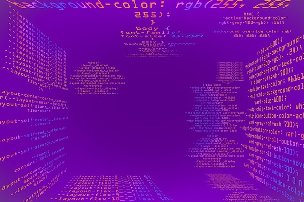 Foto sfondo di programmazione di codifica viola brillante astratto con luogo di simulazione rendering 3d di concetto di dati e codice di grandi dimensioni