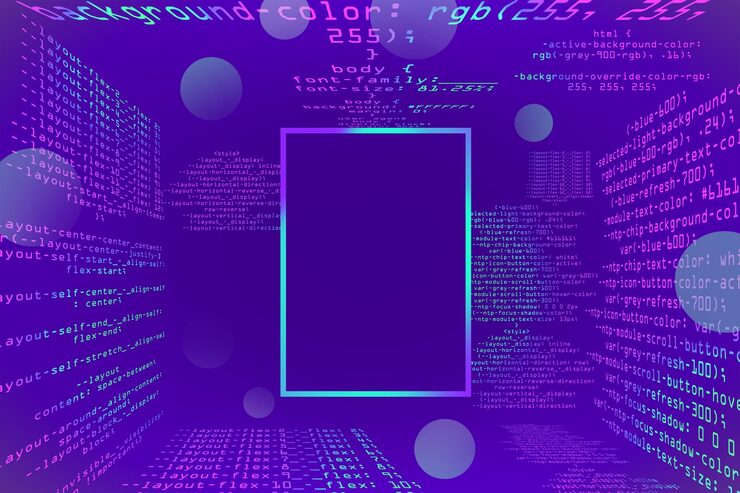 Photo abstract glowing purple coding programming background with square mock up frame big data and code concept 3d rendering
