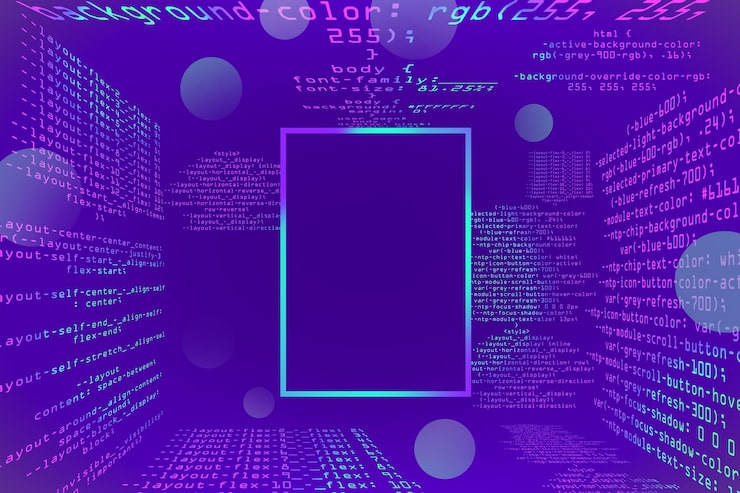 Photo abstract glowing purple coding programming background with square mock up frame big data and code concept 3d rendering