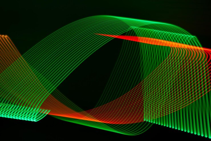 Photo abstract glowing ribbons folded in stripes and waves. web design, background.