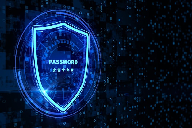 abstract glowing shield with password icon on dark binary code background with mock up place login database and security concept 3d rendering