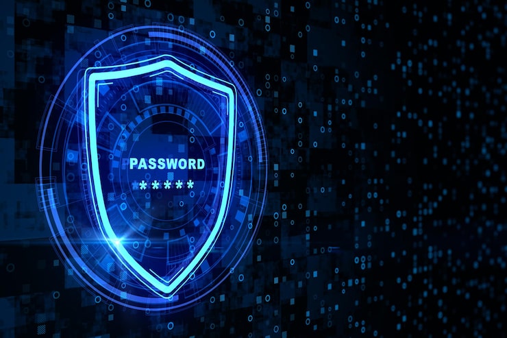 Photo abstract glowing shield with password icon on dark binary code background with mock up place login database and security concept 3d rendering