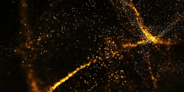Abstract of glowing and shiny gold bright yellow wavy flowing blur mesh on black background