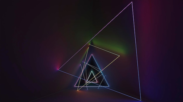 三角形の暗い部屋で抽象的な輝く鮮やかなネオンライト。 3Dレンダリング。
