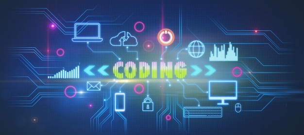 Abstract glowing wide coding hologram on blue background Technology and innovation concept 3D Rendering
