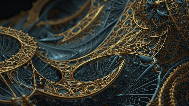 Abstract gold and blue fractal wallpaper on black background Generative AI