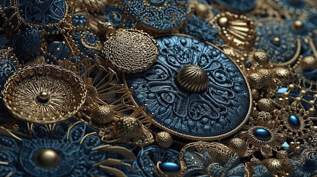 Abstract gold and blue fractal wallpaper on black background Generative AI