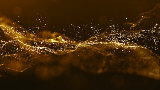 Photo abstract gold color digital particles wave with bokeh and light background