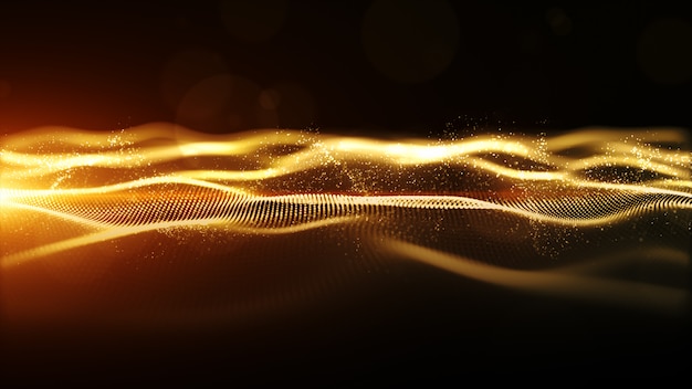 Abstract gold color digital particles wave with bokeh and light background