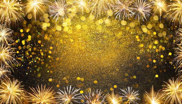 Abstract gold glitter background with fireworks