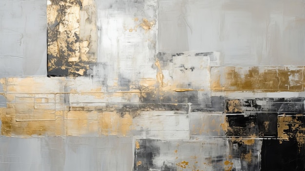 Abstract Gold And Grey Painting With Grungy Patchwork Style