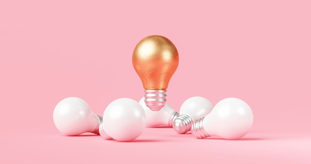 Abstract gold idea light bulb and innovation creative concept on inspiration pink background with success invention of electric lamp design. 3D rendering.