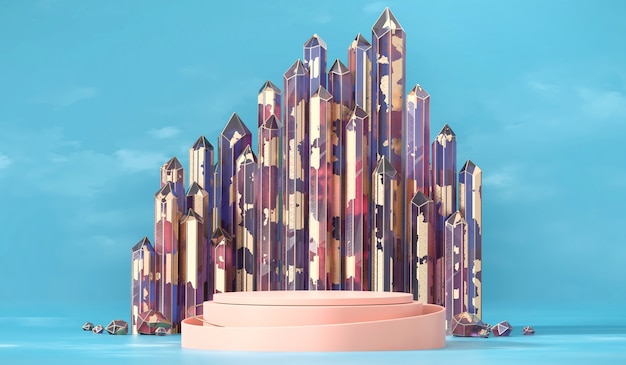 Photo abstract gold product display podium with crystal group 3d render