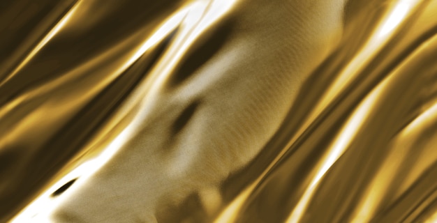 Абстрактная золотая атласная шелковистая ткань для фона, ткань текстильная драпировка со складками, волнистыми складками. С мягкими волнами, развевающимися на ветру.