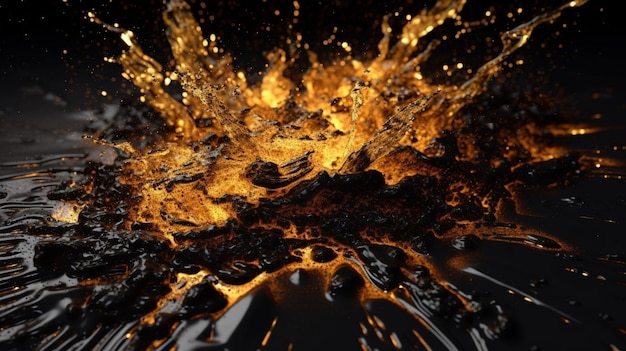 Foto abstract gold splash on the ground black backgroundgenerative ai