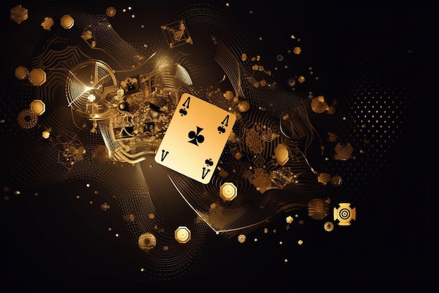 Photo abstract golden design with playing cards and chips as casino elements background generative ai