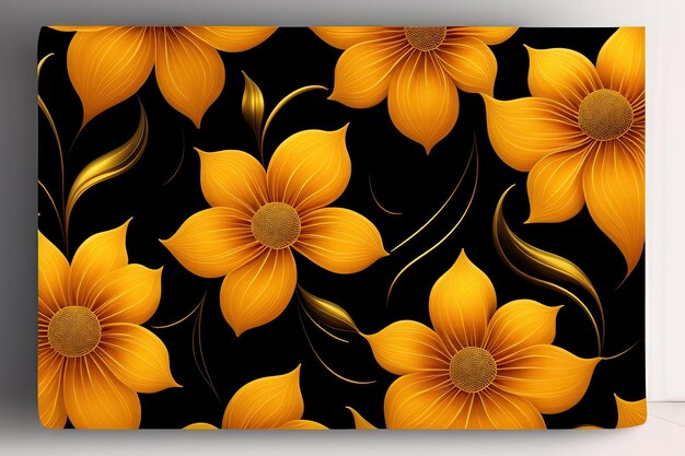 abstract golden flowers embroidered with ribbons on a black background