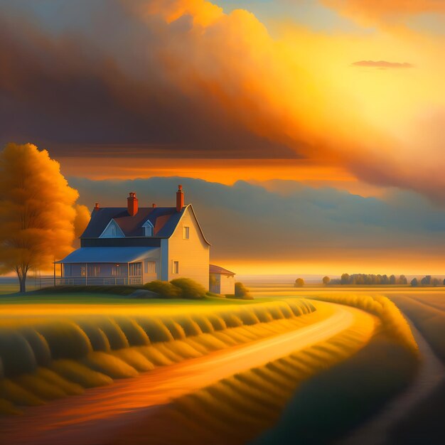 Abstract golden hour farmhouse landscape with glowing sunset and fields beautiful oil painting