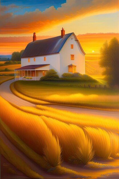 Abstract golden hour farmhouse landscape with glowing sunset and fields Beautiful oil painting