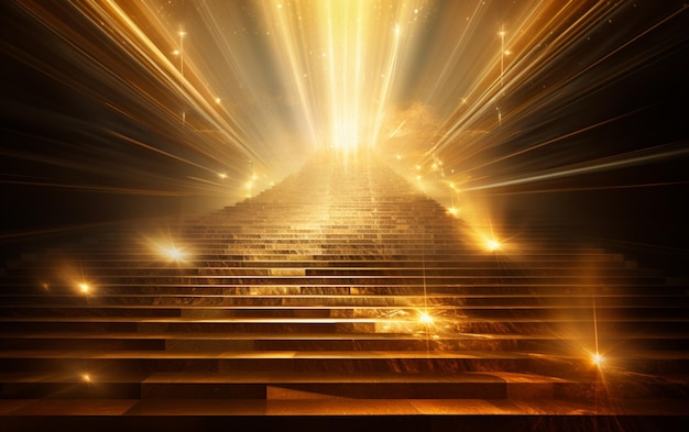 Абстрактная сцена с золотыми лучами света и лестницей