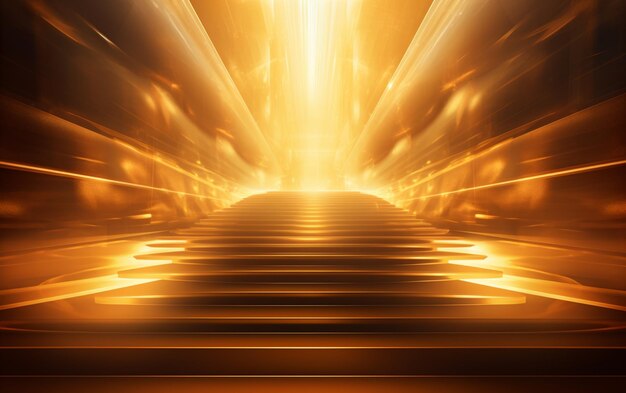 Abstract golden light rays scene with stairs