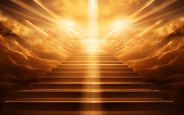 抽象的な金色の光線のシーンと階段