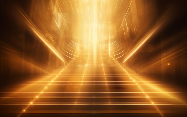 Abstract golden light rays scene with stairs