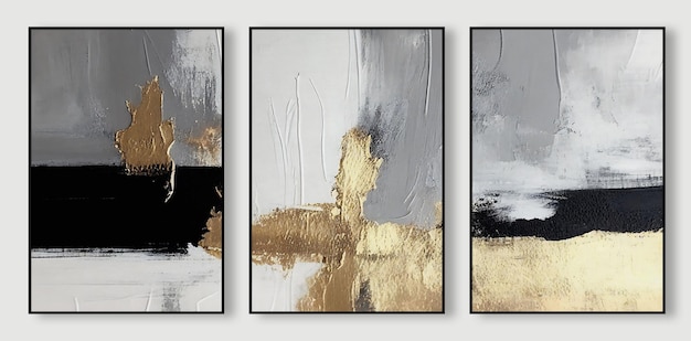 Abstract golden texture art pattern triptych on modern minimalist gray background