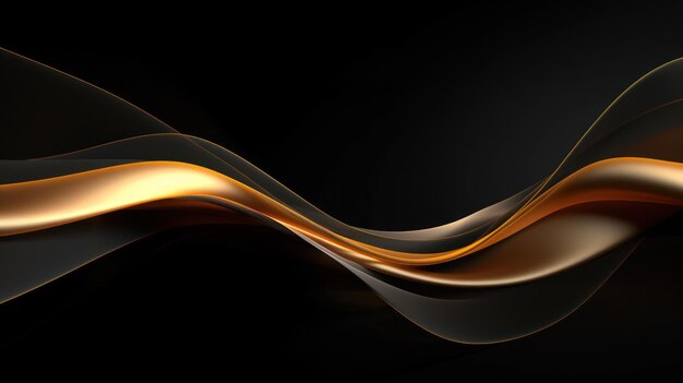 Abstract golden wavy lines on black background 3d render illustration Generative AI