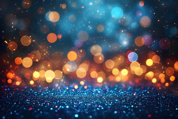 Abstract golden yellow and blue glitter lights festive background Circle blurred bokeh