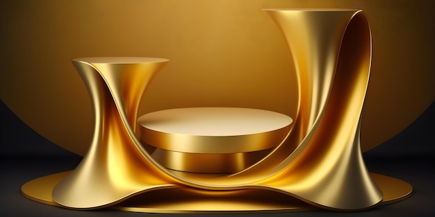 Abstract gouden stoffenpodium op luxe 3D-achtergrond met leeg voetstuk voor productpresentatie