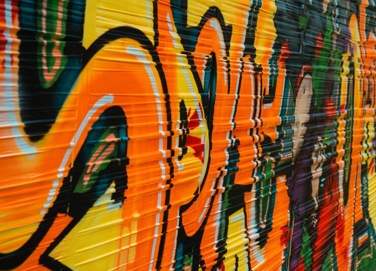Abstract graffiti, bright colors on stretch film