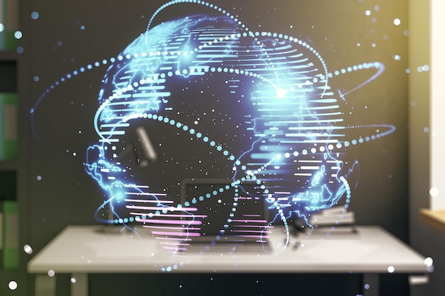 Abstract graphic digital world map with connections and modern desktop with pc on background globalization concept Multiexposure