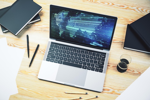 Abstract graphic world map on modern laptop screen connection and communication concept 3D Rendering