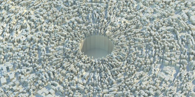 Abstract greeble cube background Futuristic geometric structure model with a big hole in the center aerial view 3d illustration