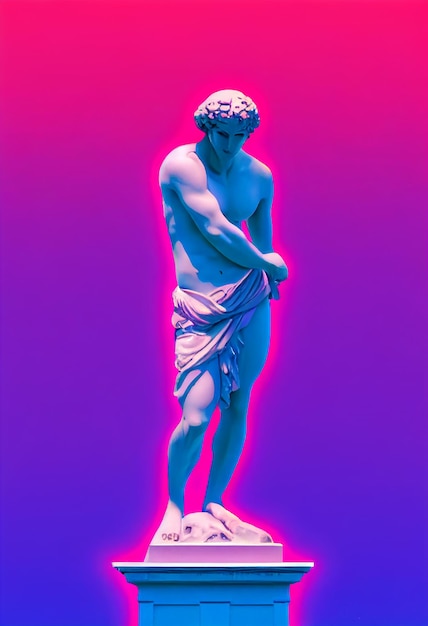 Retrowave 市ポップ デザイン vaporwave スタイル色 3 d レンダリングで抽象的なギリシャの神の彫刻
