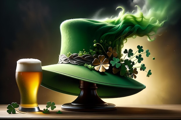 Abstract green background for St Patricks Day beer and hat decorated with shamrock leaves