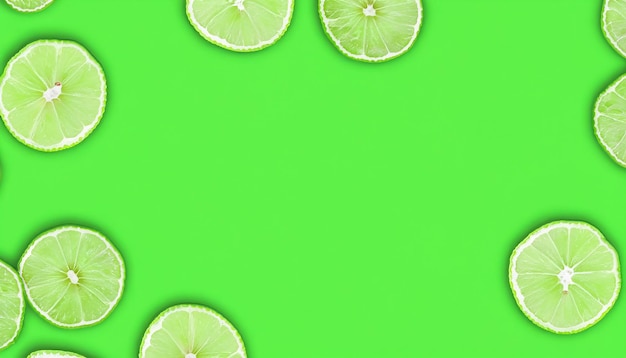 Photo abstract green background with citrusfruit of lime slices wide studio photography