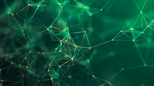 Абстрактный зеленый фон с движущимися линиями и точками Концепция технологии больших данных и науки Подключение к всемирной паутине 3d-рендеринга